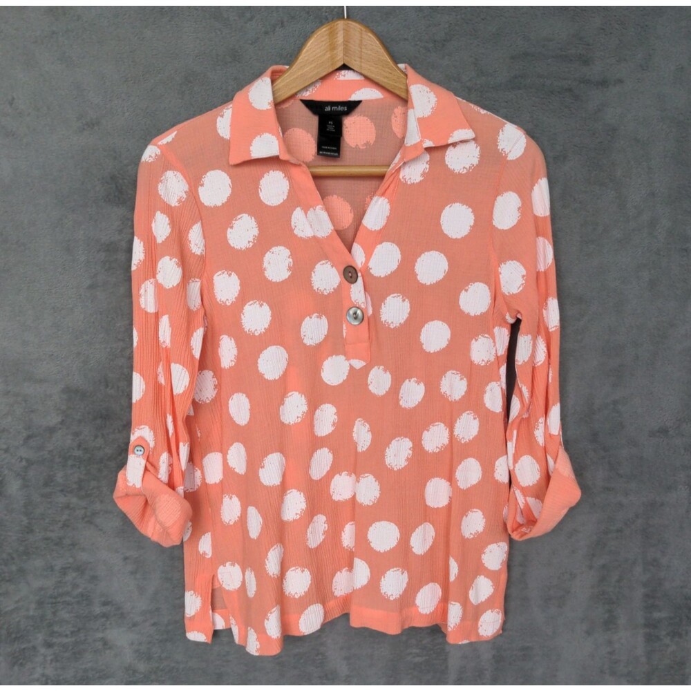 Ali Miles Tunic Top Size PS Peach White PolkaDot Stretch Roll Tab Sleeve Blouse
